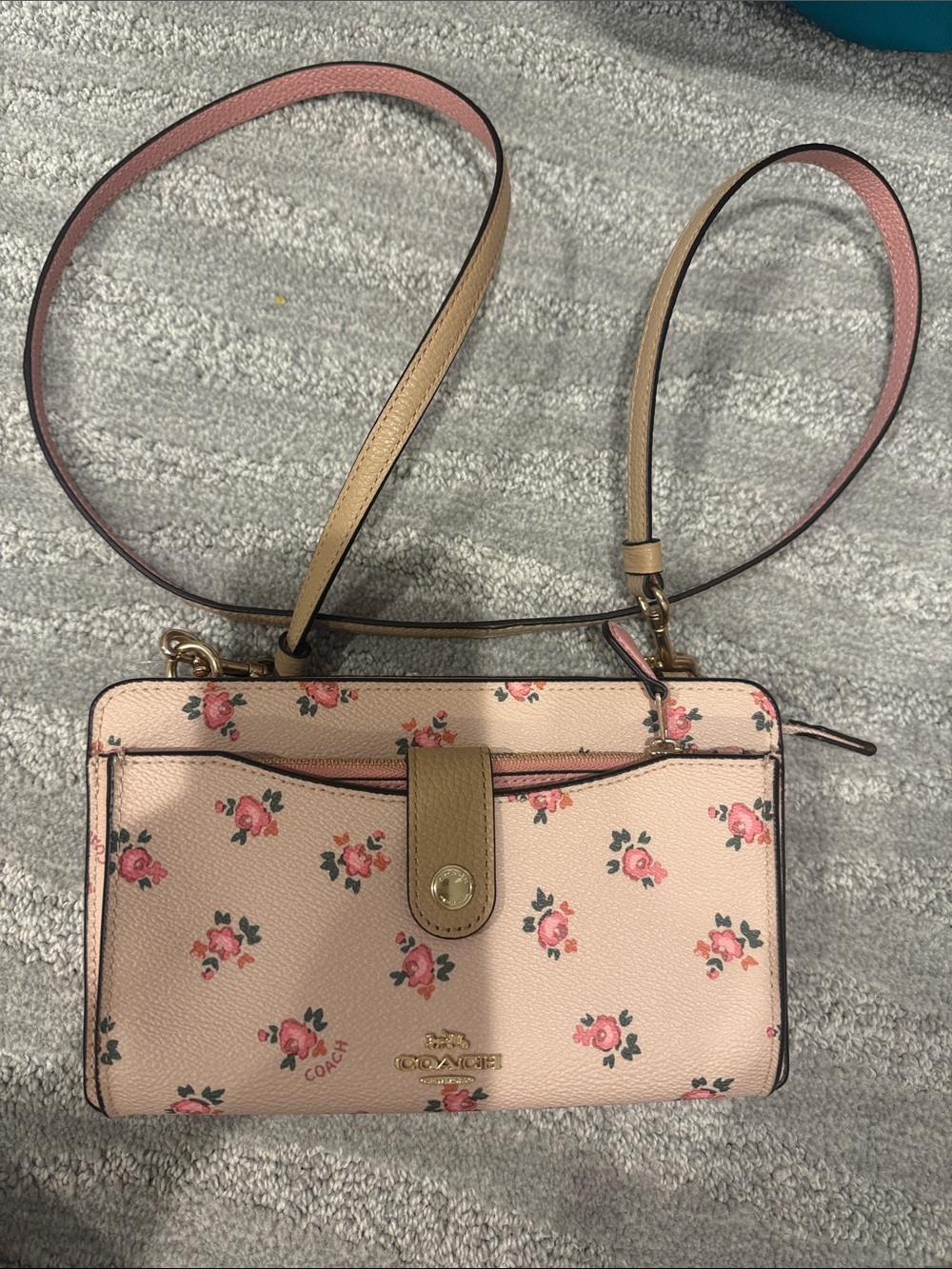 Coach Pink Floral Crossbody Wallet with Tan Trim